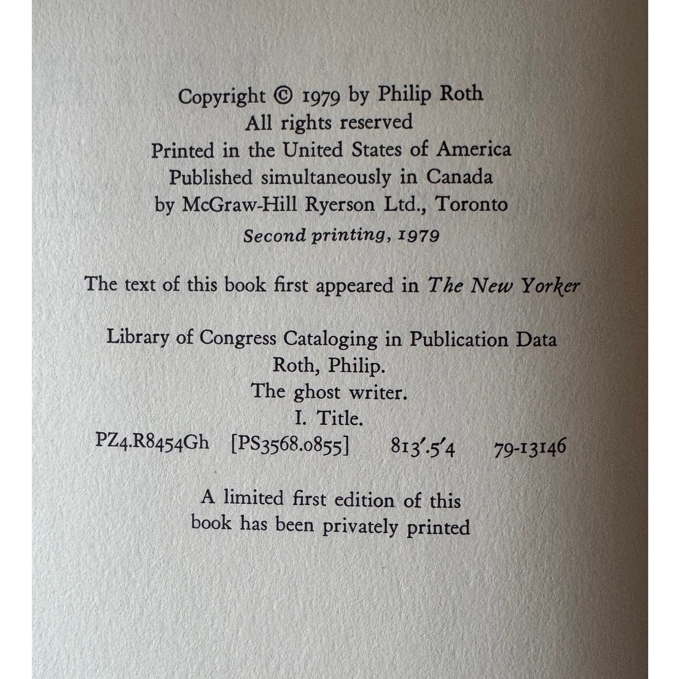 Philip Roth The Ghost Writer 1979 Hardcover Second Printing Farrar Straus Giroux