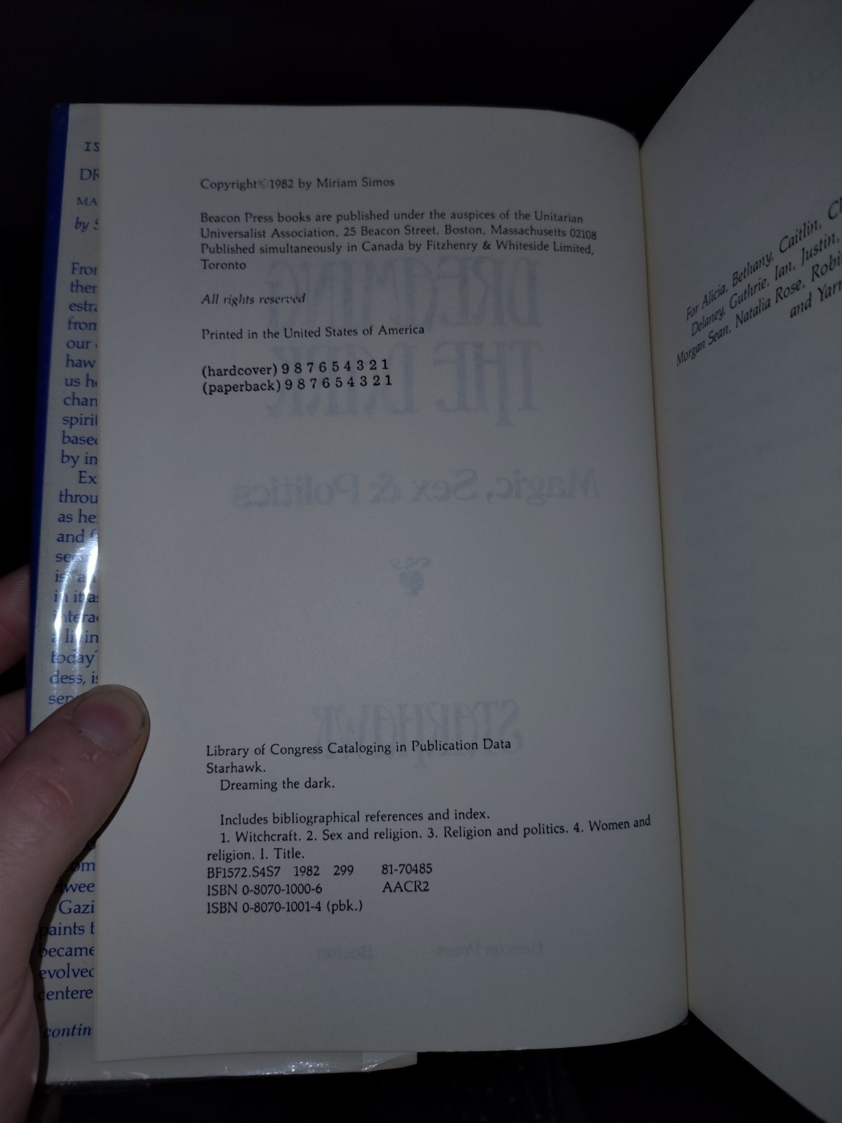 Dreaming the Dark : Magic, Sex and Politics by Starhawk ~ SIGNED 1982 1st Ed.