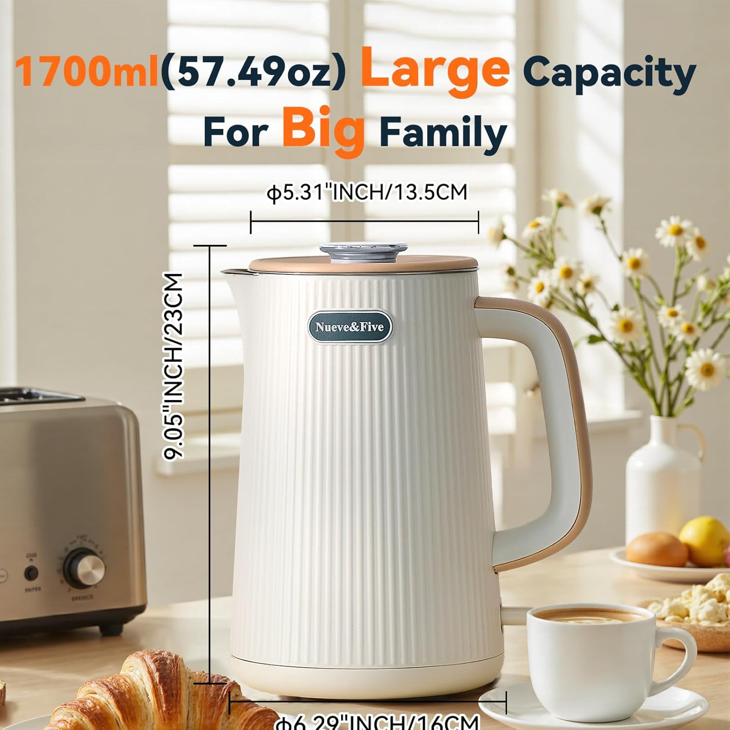 Nueve&Five 1.7L (57Oz) Large Electric Kettle Perfect for 7+Cups of Tea and Coffe