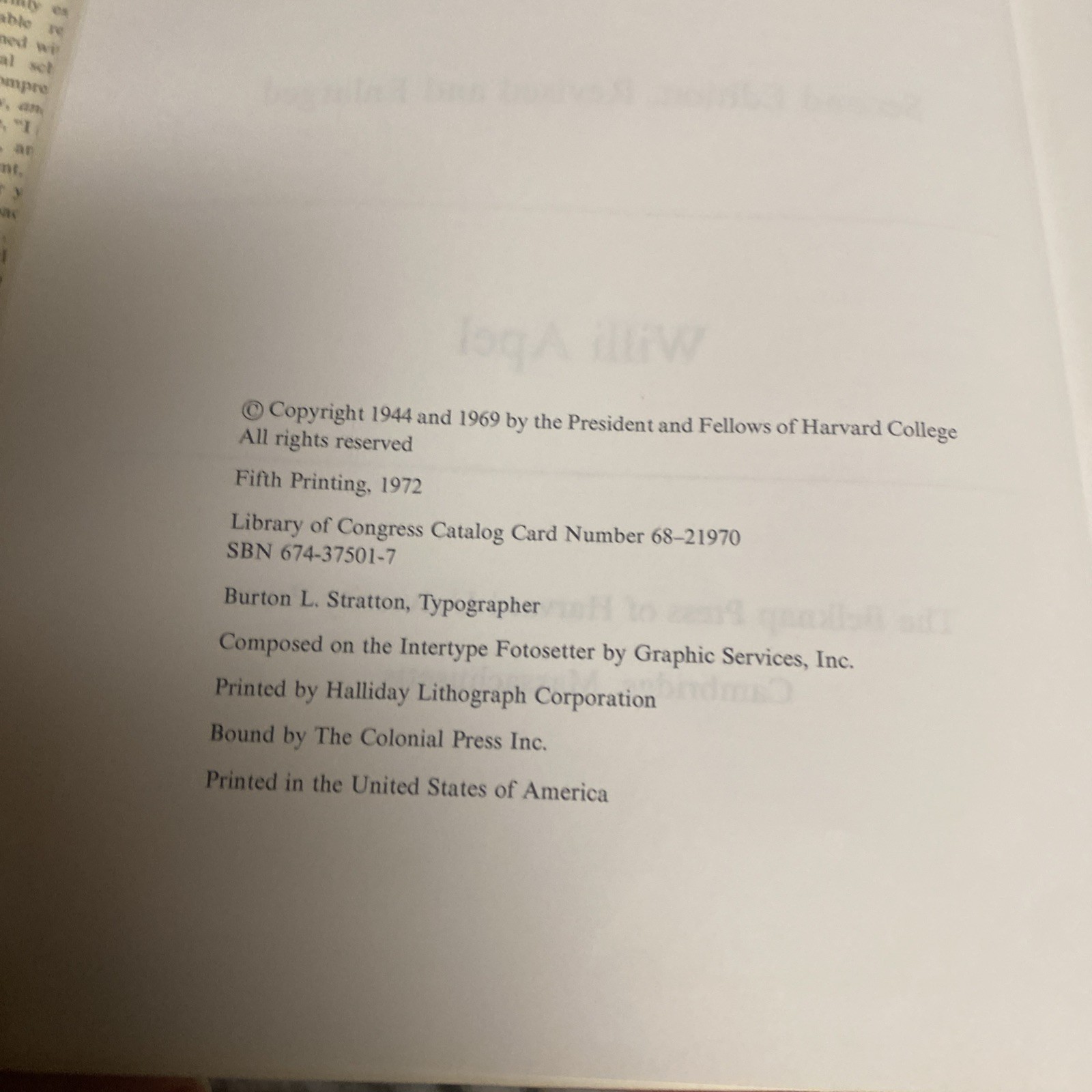 Harvard Dictionary Of Music, Second Edition 1944/ 1979 Hard Cover 2nd Edition