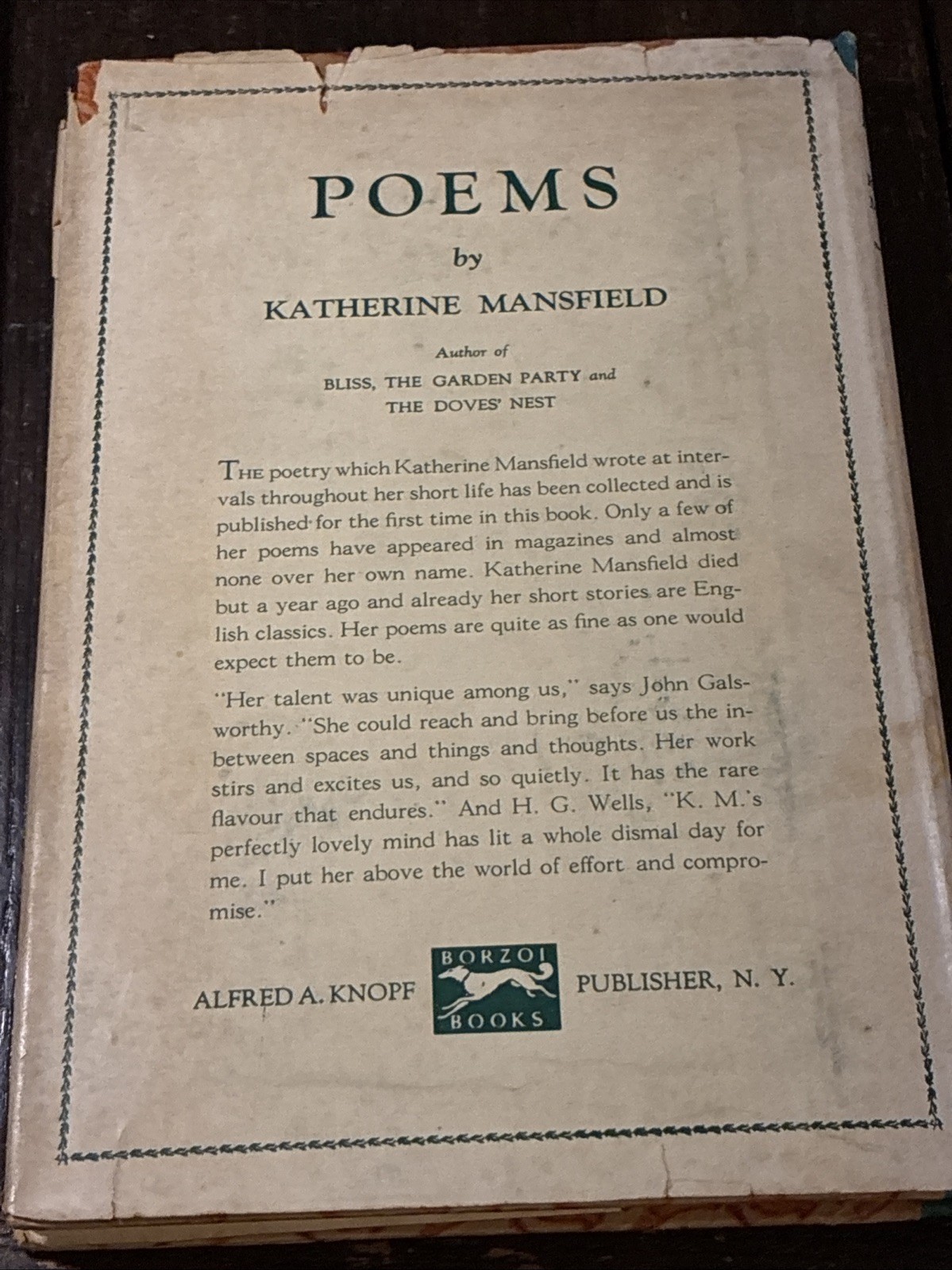 Poems Mansfield, Katherine Alfred A. Knopf, New York, 1924 First Edition HBDJp
