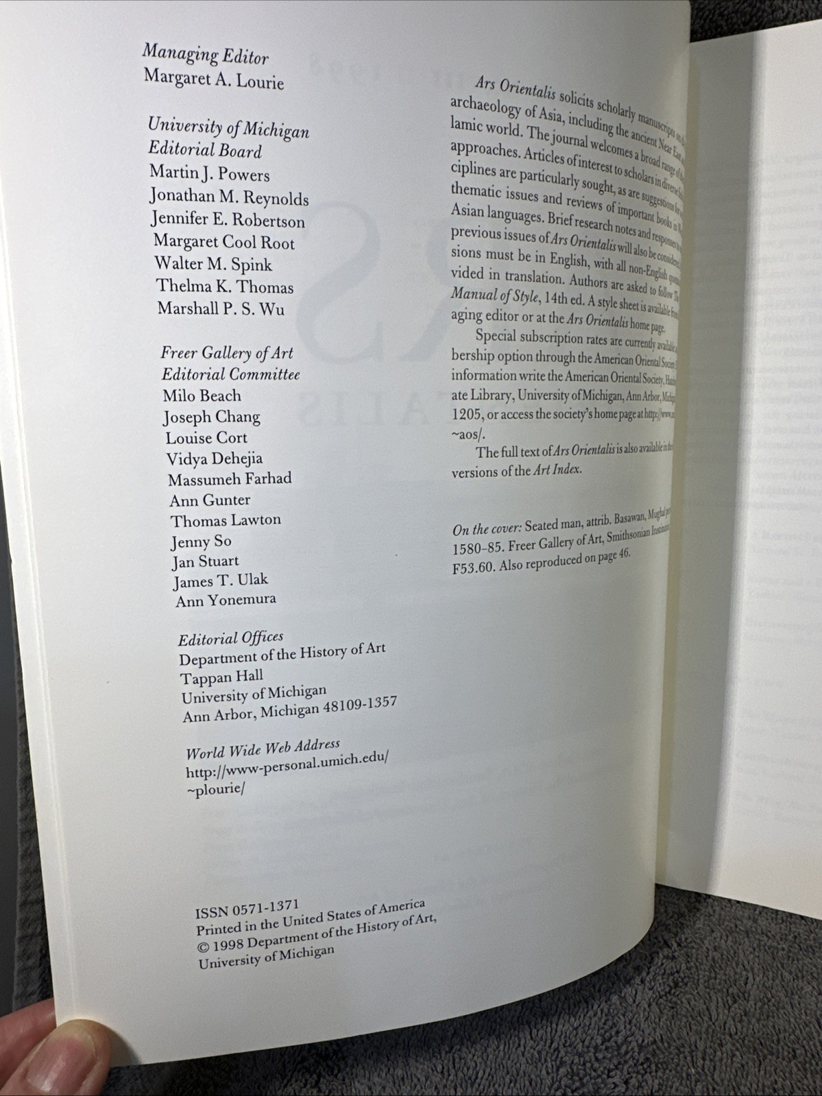 ARS ORIENTALIS XXVIII 1998 by Margaret A. Lourie 75th Anniv Freer Gallery Of Art