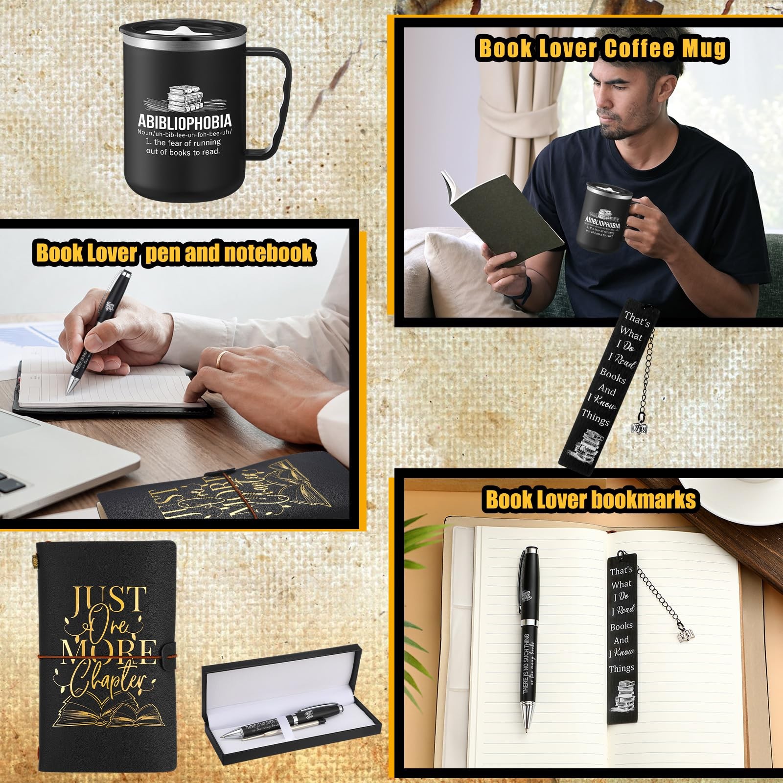 6 Pcs Book Lovers Gifts for Men Women 17 oz Abibliophobia Coffee Mugs Leather…
