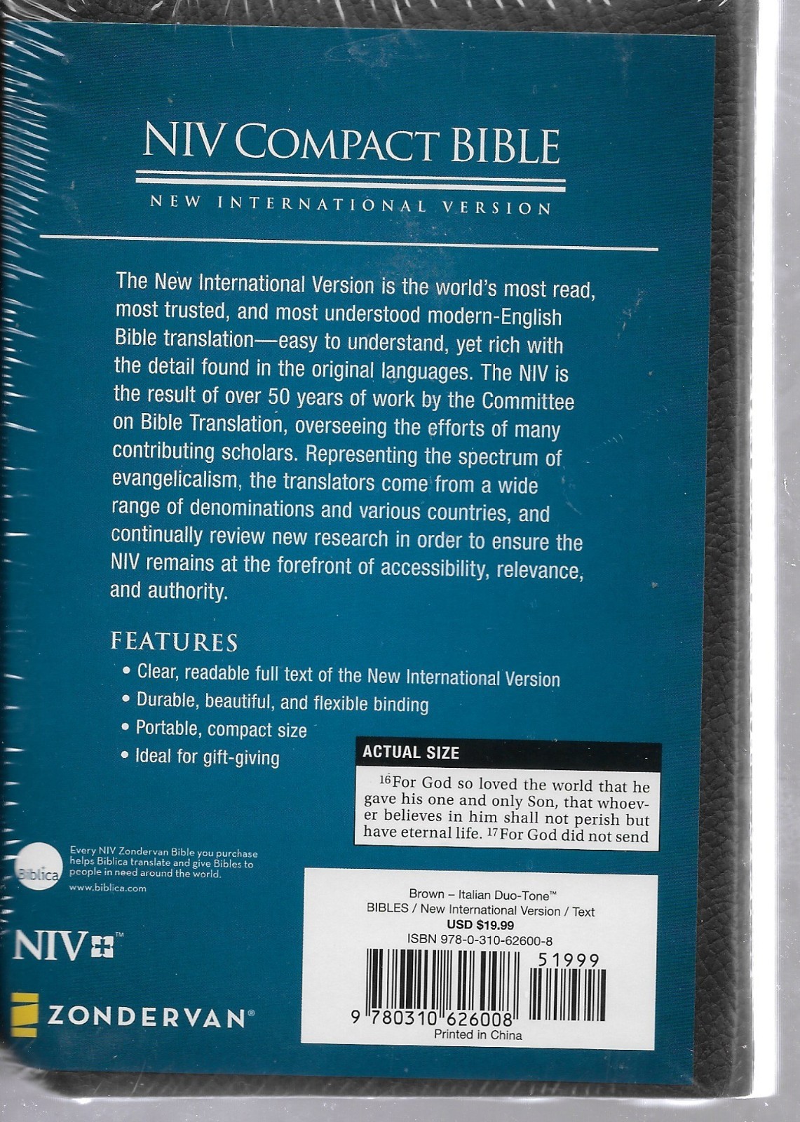 NIV Compact Holy Bible Brown Italian Duo-Tone Leathersoft Zondervan SEALED NEW