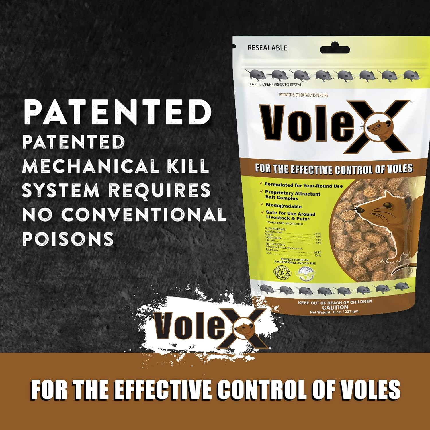 Volex All Natural Non Toxic Vole Killer Pellets 8Oz Safe for Crops Pets