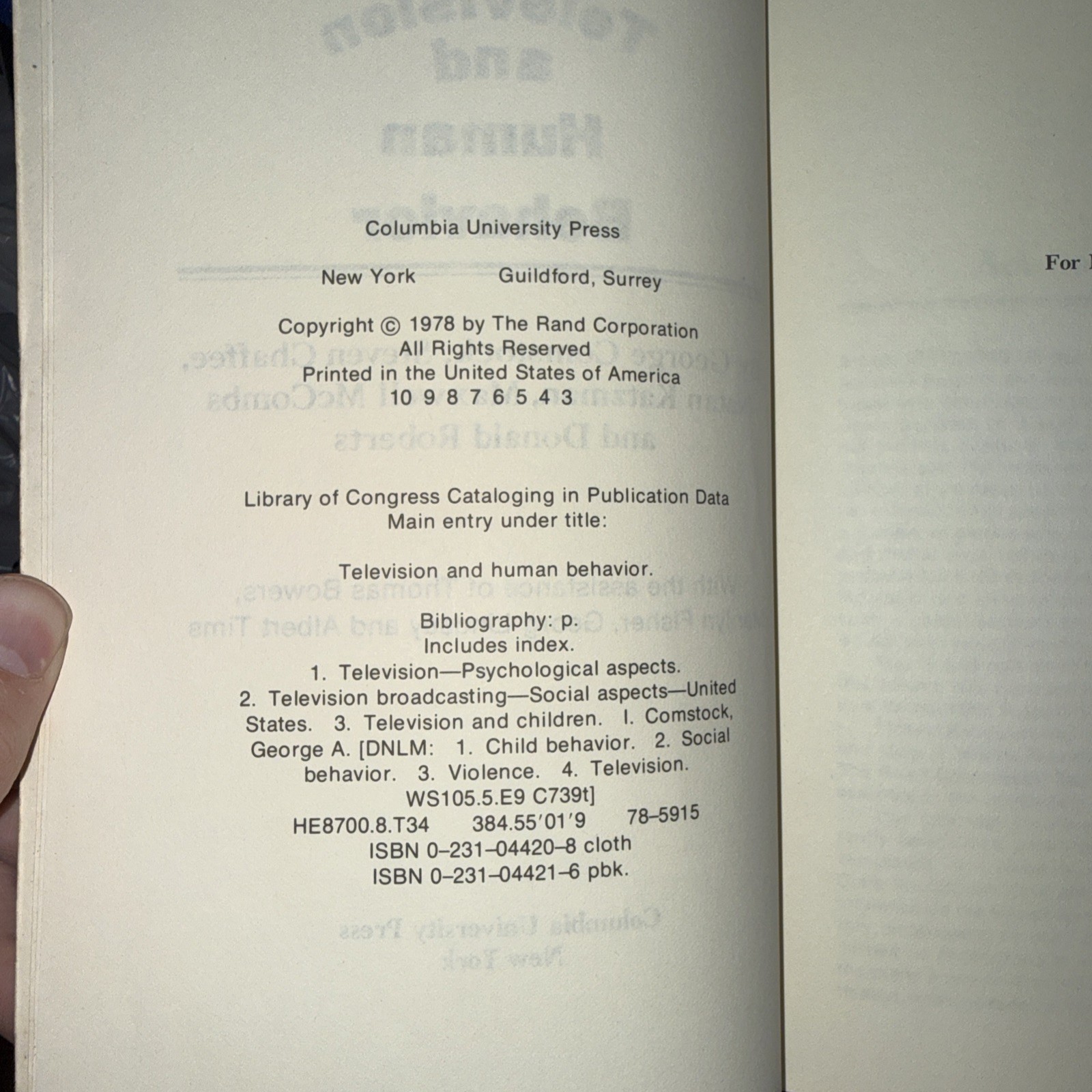 Television and Human Behavior Comstock, Chaffee Katzman, McCombs and Roberts ‘78