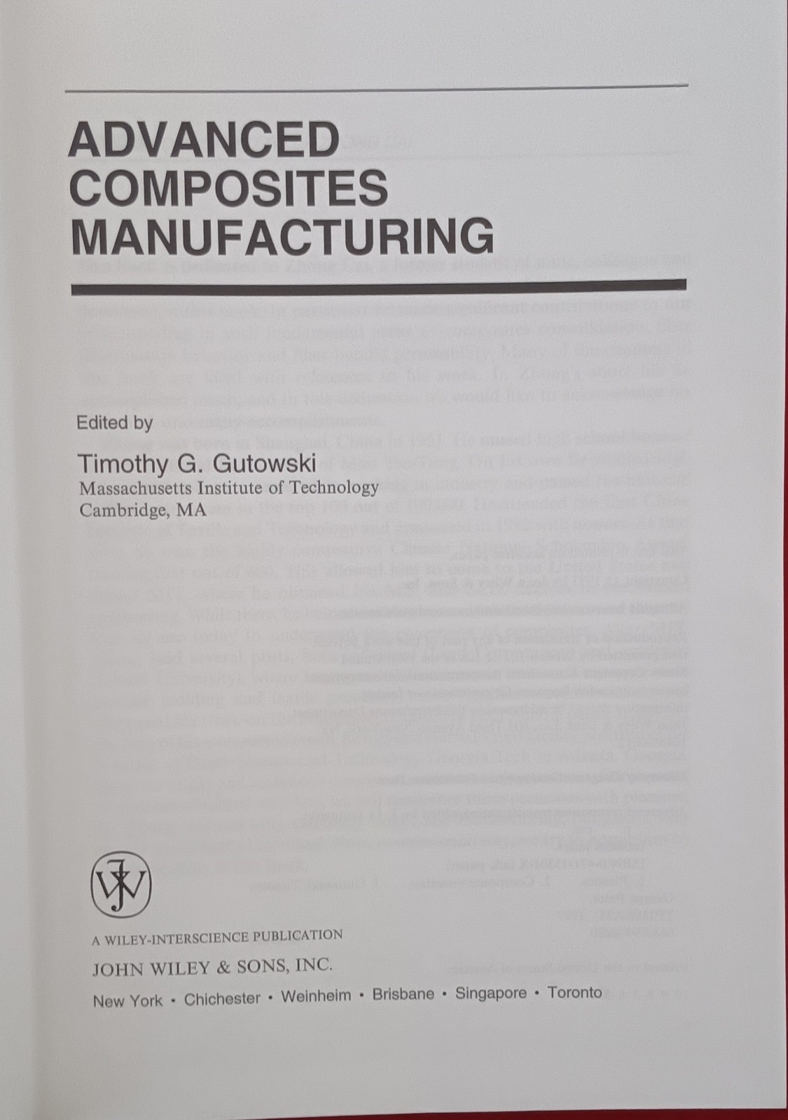 ADVANCED COMPOSITES MANUFACTURING Book by Timothy G Gutowski Year 1997 Hardcover