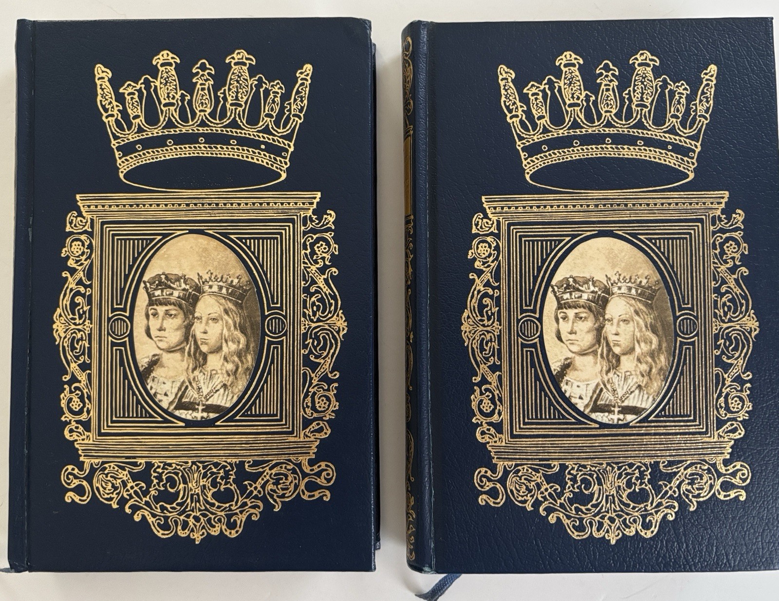 2 Vtg Books Blue Gold Crown Royalty Queen Ornate Bookshelf Decor Staging SPAIN