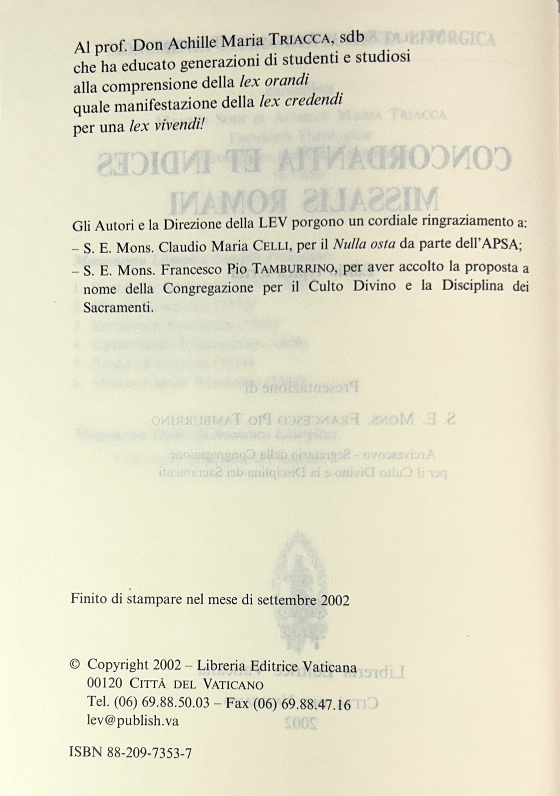 Concordantia et Indices Missalis Romani 2002 Libreria Editrice Vaticana HB Latin