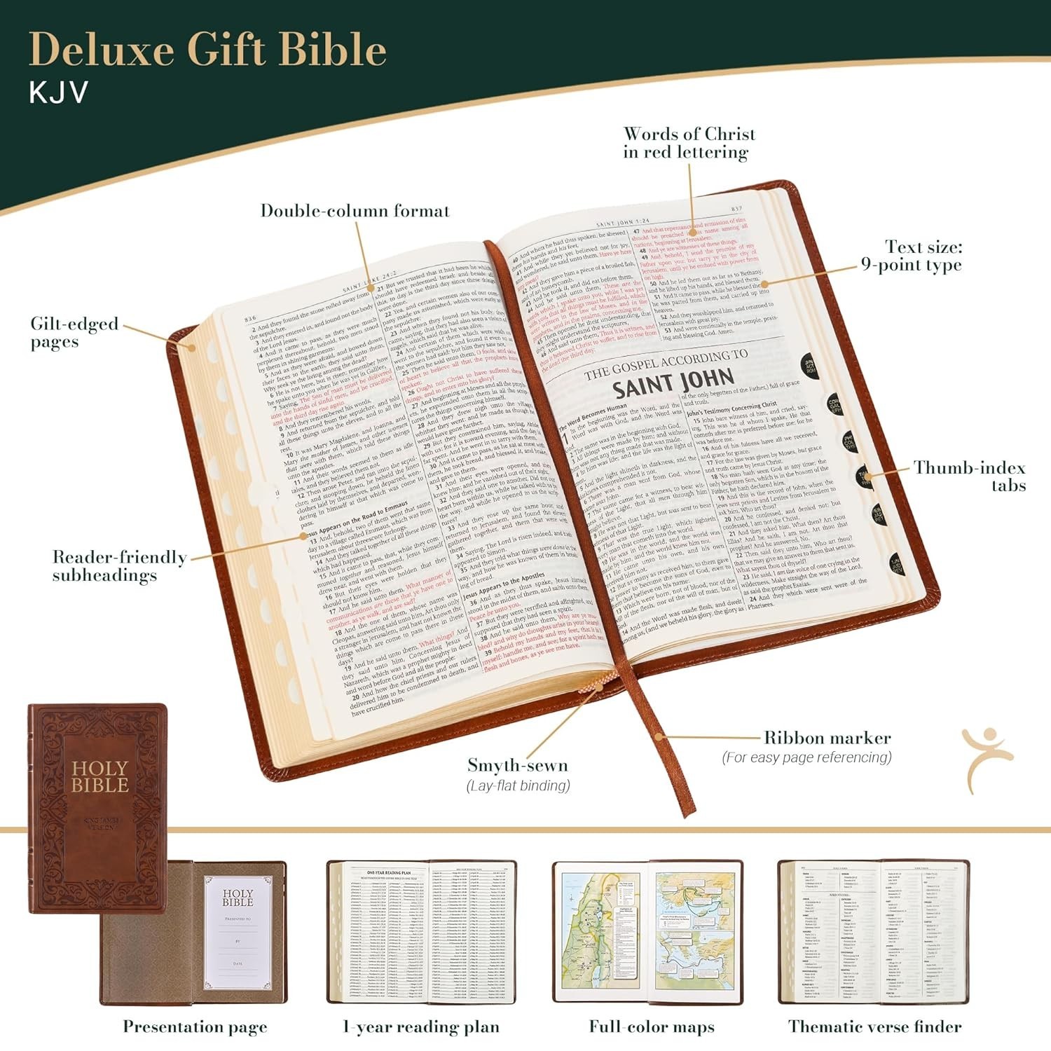 The Holy Bible Kings James Version Bible Thumb Indexed Red Letter / Brown NEW***