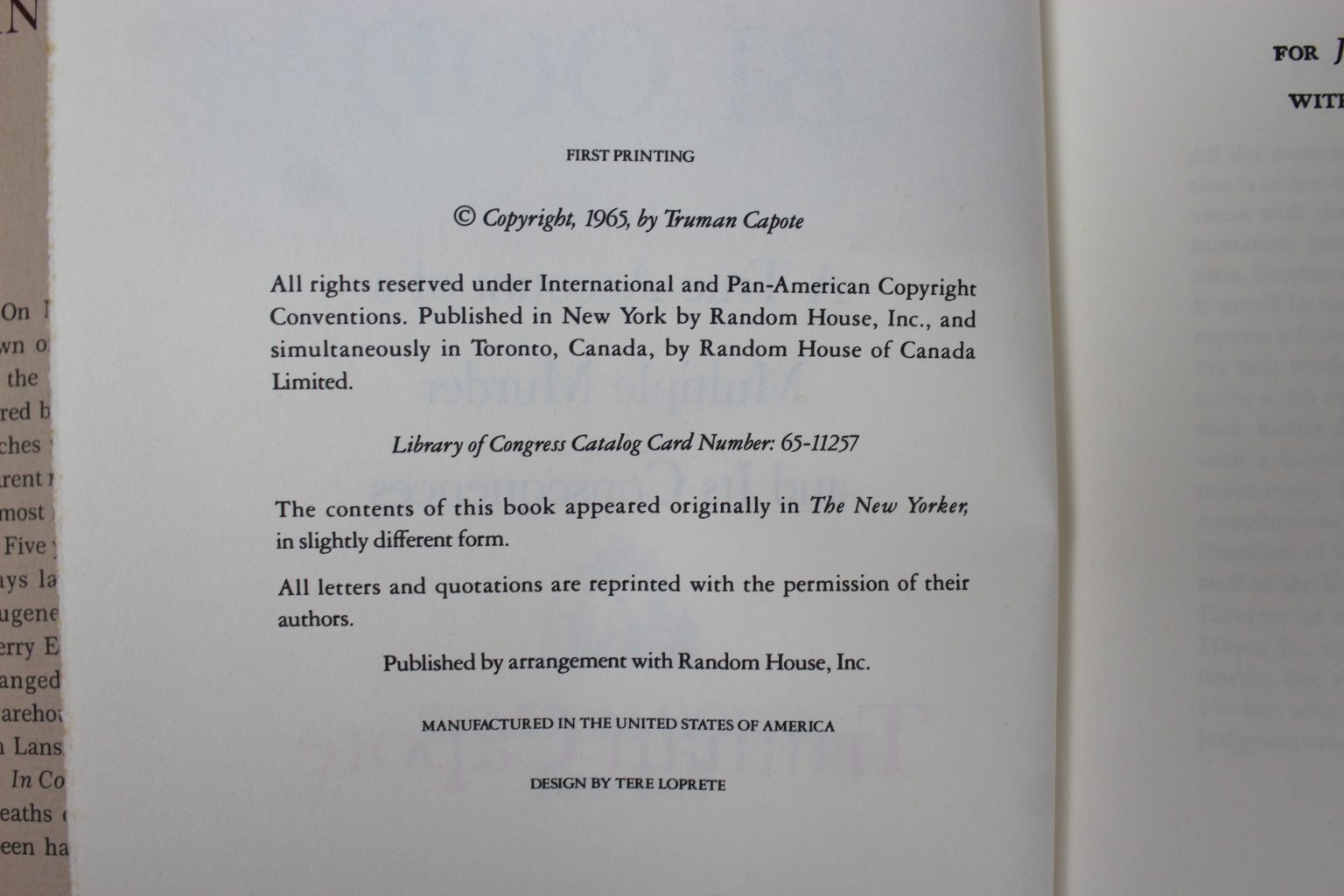 In Cold Blood Truman Capote 1965 First Ed, First Printing True Crime Random ~VG