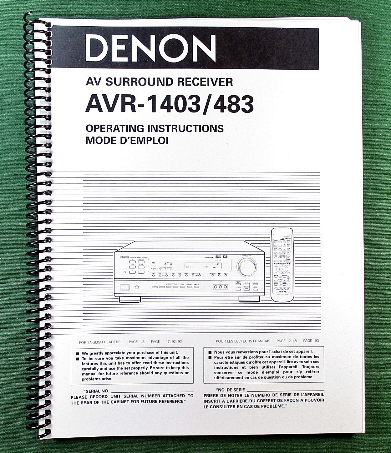 Denon AVR-1403 Instruction Manual: 47 Pages & Protective Covers!