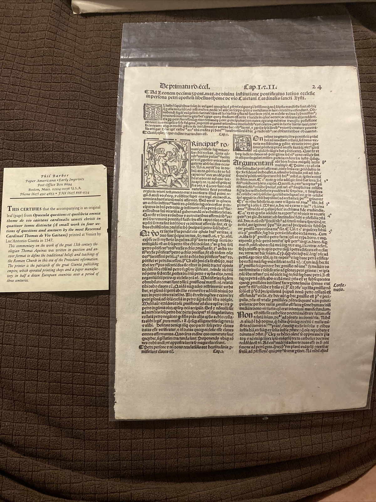 Original Leaf/page From Questions And Answers By Thomas De Vio Gaitani 1547