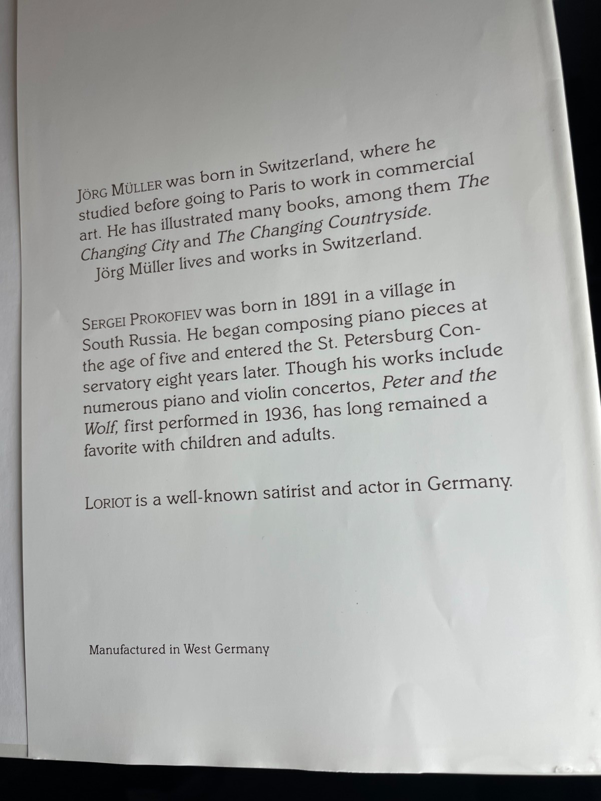 Peter and the Wolf Prokofiev Loriot Jorg Muller 1986 Knopf HC DJ West Germany