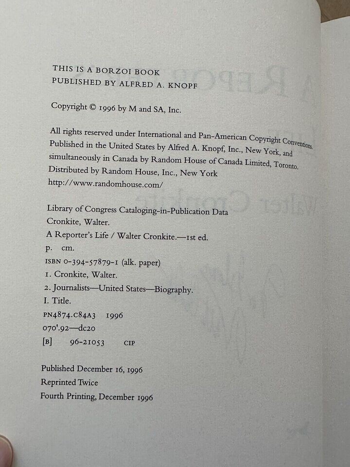A Reporter’s Life by Walter Cronkite CBS News Anchor 1996 Book SIGNED