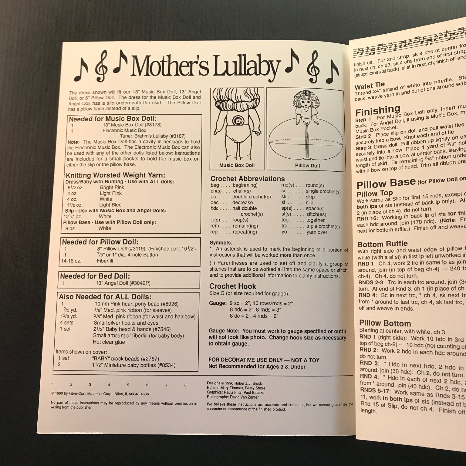 Mother’s Lullaby Crochet Pattern FCM233 1990 Music Box Doll Pillow Doll