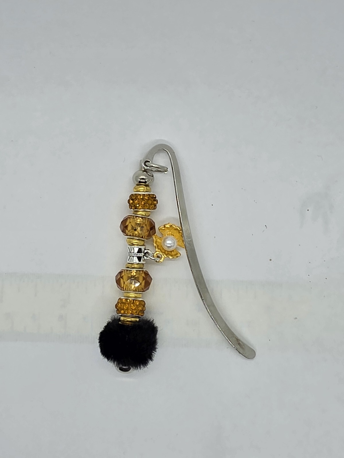 Beaded Bookmark Oranges And Black Faux Fur With Rhinestones 3.4″ In. Long. #17