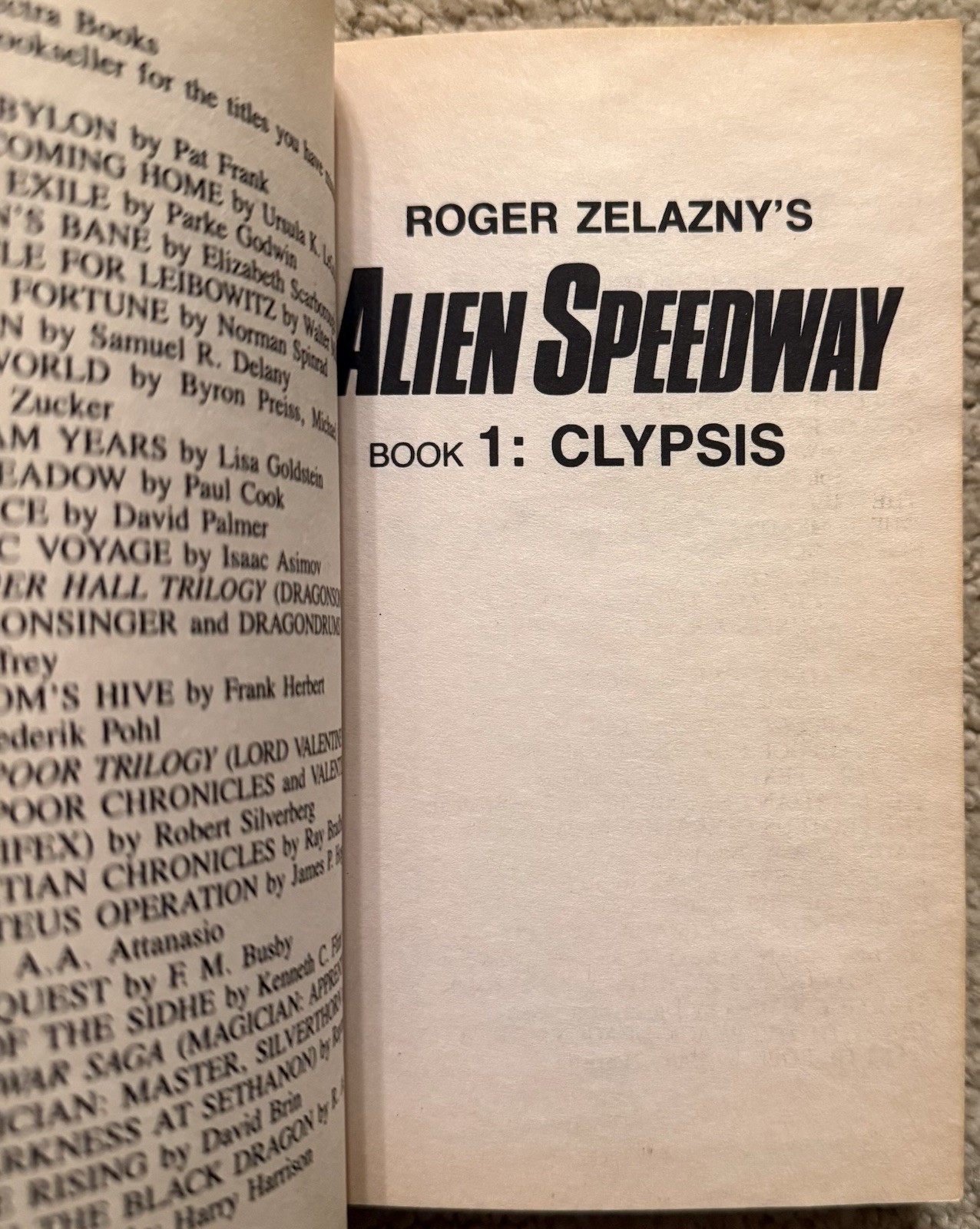 ROGER ZELAZNY’S ALIEN SPEEDWAY BOOK 1: CLYPSIS BY JEFFREY CARVER 1987 BANTAM PB