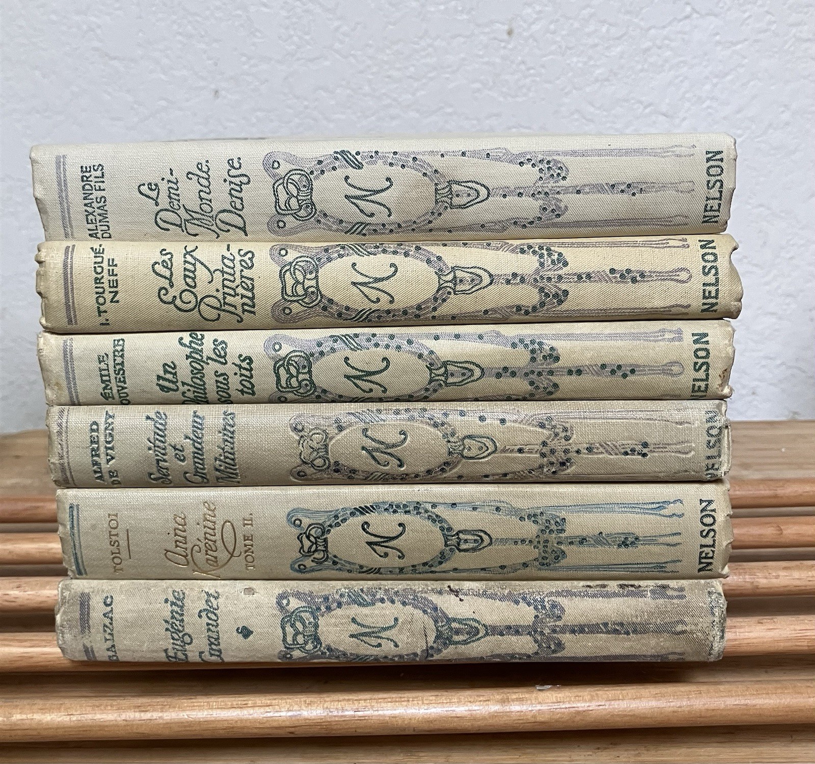 Set of 5 Ivory/Beige/Tan ANTIQUE FRENCH Books COTTAGE CORE Library Decor Staging