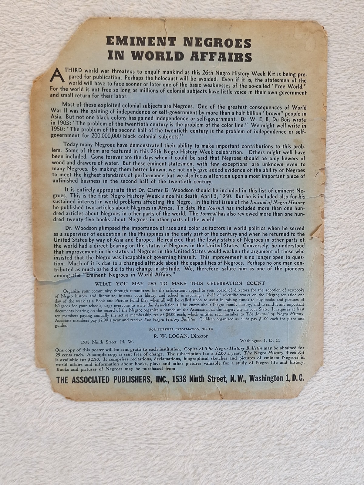 Carter G Woodson Negro History Week Celebration Flyer 26th Annual Feb. 11, 1951