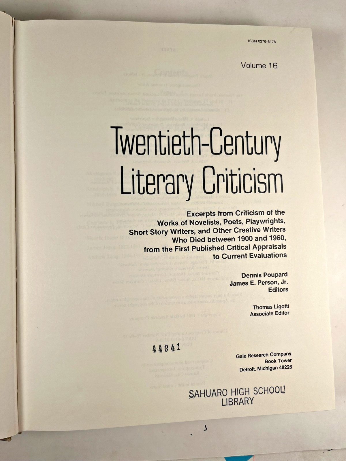 Twentieth-Century Literary Criticism Volume 16 Gale Research 1985 0810302306