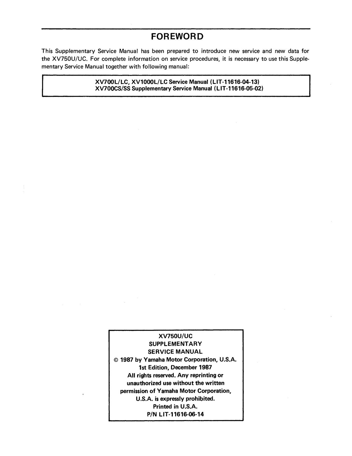 YAMAHA XV700 XV750 XV1000 XV1100 Motorcycle Service Manual 1985-1999 – CLOSURE