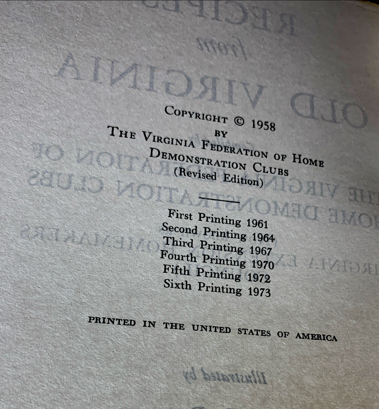 1973 Recipes From Old Virginia Cookbook 6th Printing 315 Pages