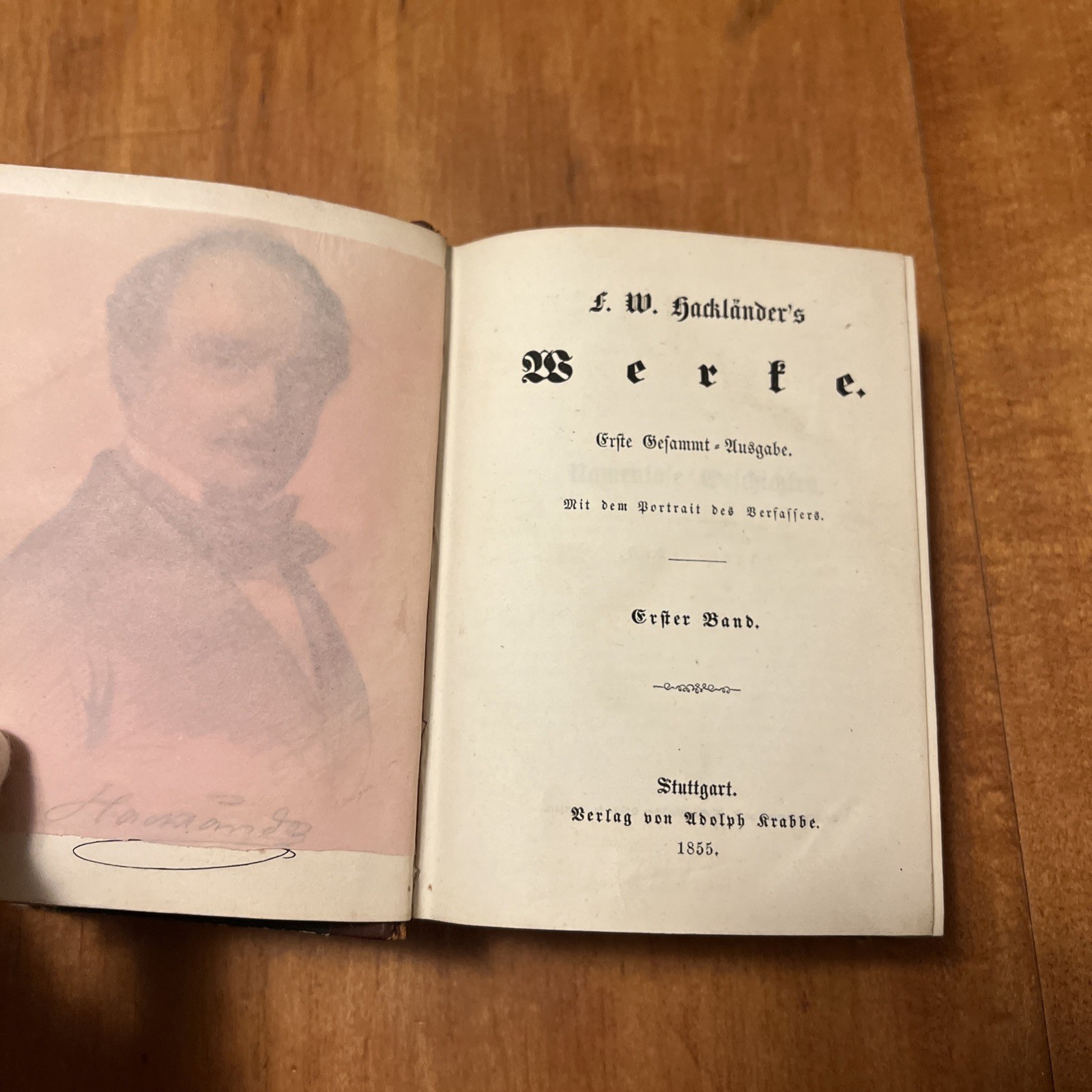 Rare 1855 F.W. Hackländer’s Werke Vol. 1 w/ Portrait, Adolf Krabbe, Half-Leather