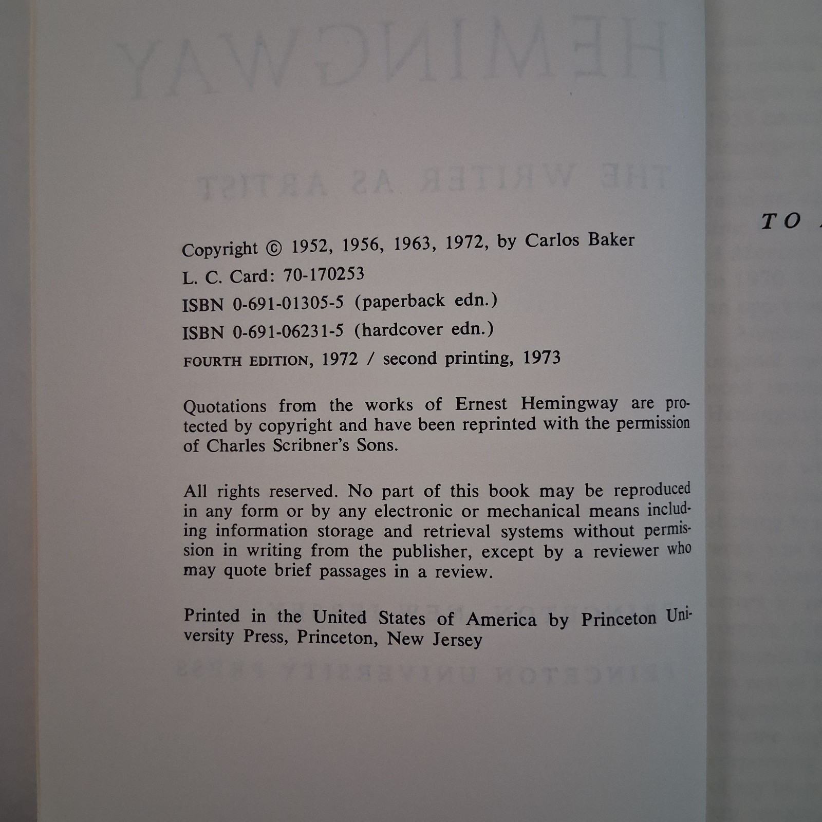 Vintage 1972 Hemingway: The Writer as Artist by Carlos Baker – Hardcover