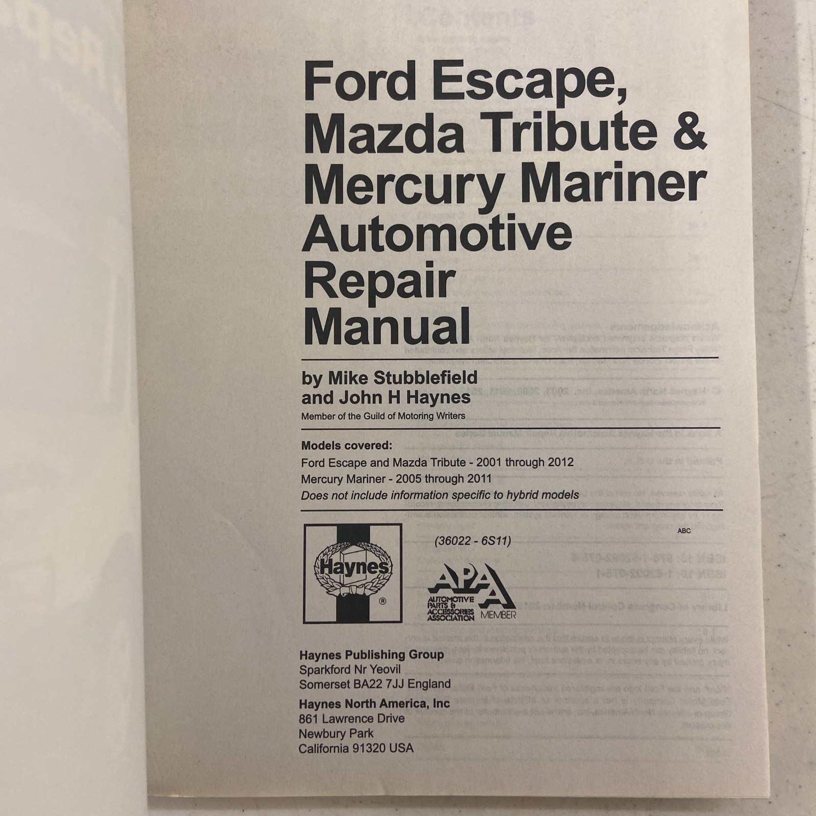 Ford Escape Mazda Tribute 2001-2012 Mercury Mariner Haynes Repair Manual #36022