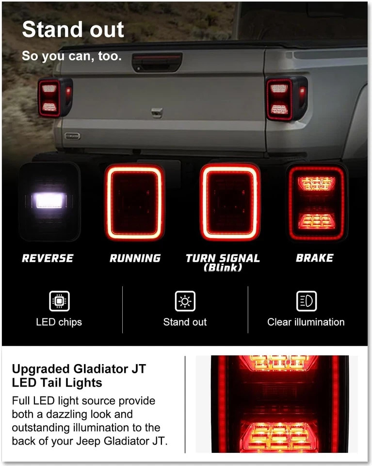 Smoked LED Tail Lights for 2020-2026 Jeep Gladiator JT Accessories, Black Housin