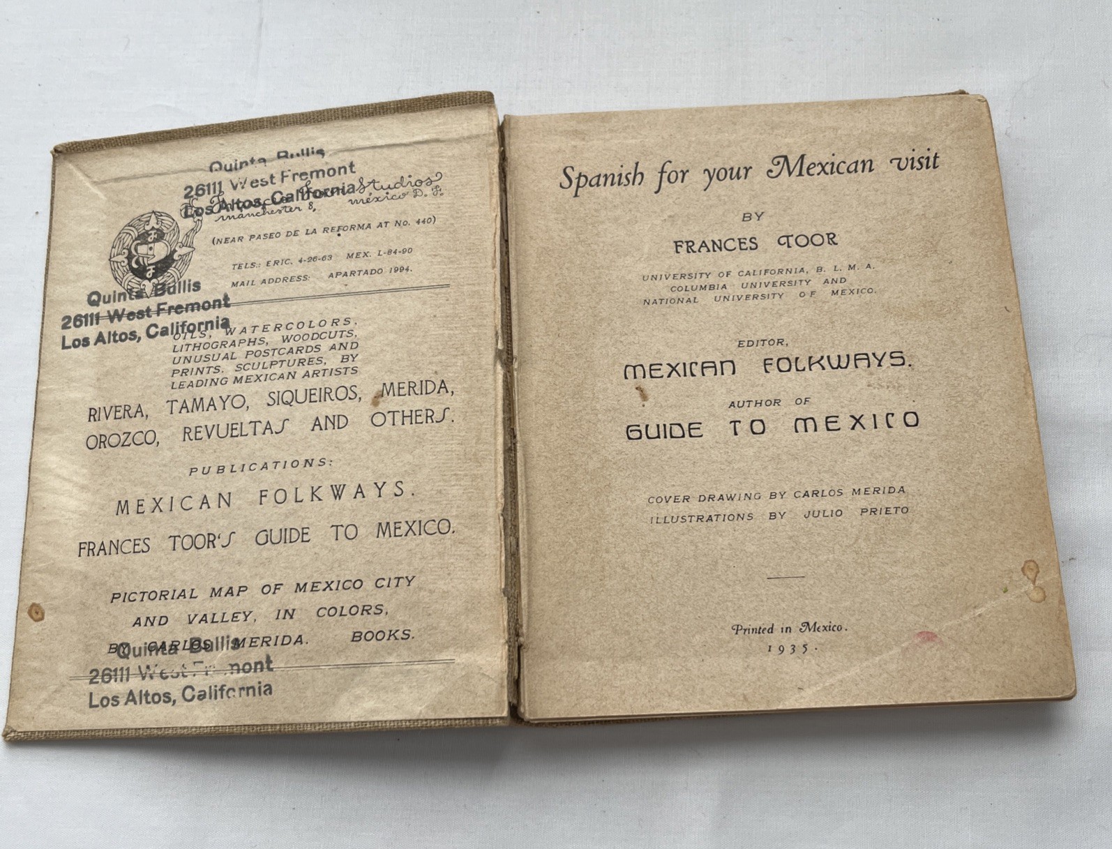 1935 Spanish For Your Mexican Visit Cloth Cover Book By Frances Toor 222 Pages