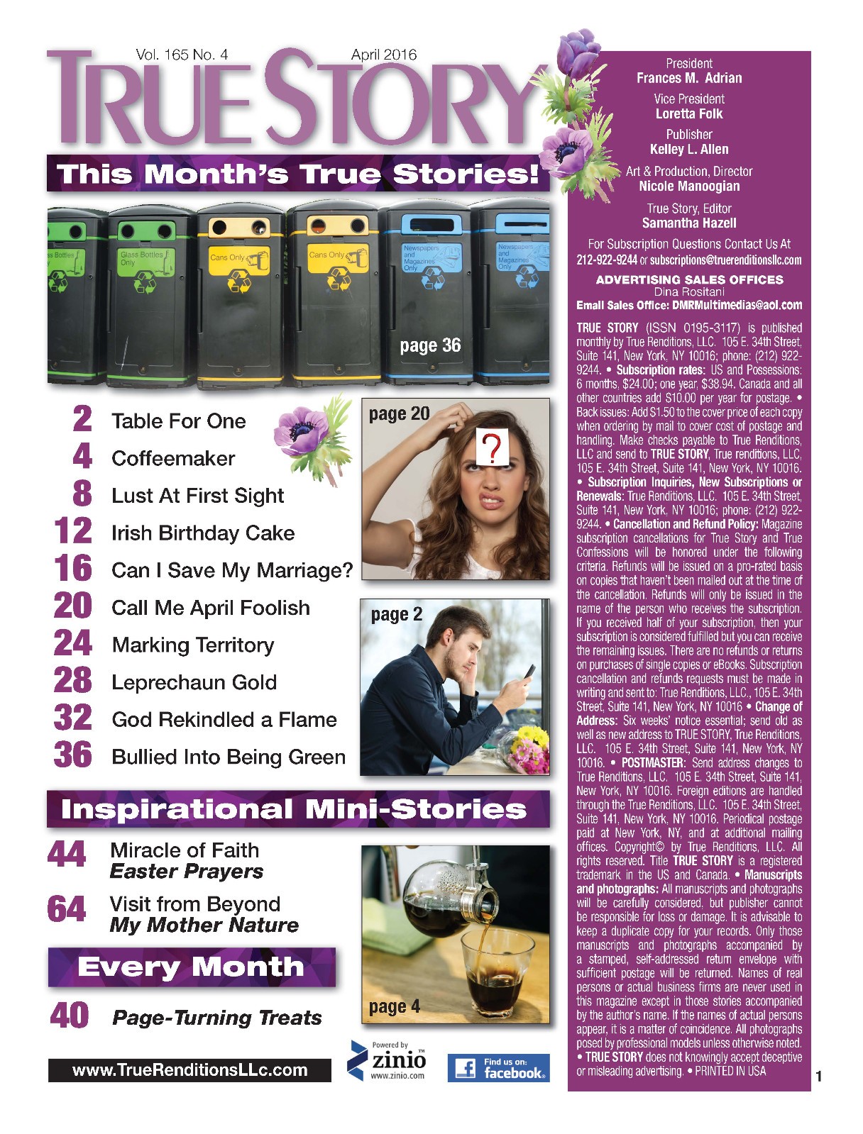 2016 True Story Magazines, 4 months – JANUARY, FEBRUARY, MARCH, & APRIL.