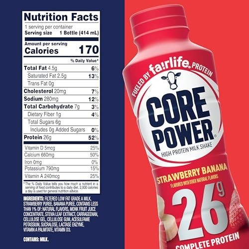 12 Pack Core Power Protein Shake, Strawberry Banana, 26g Bottle, 14oz,