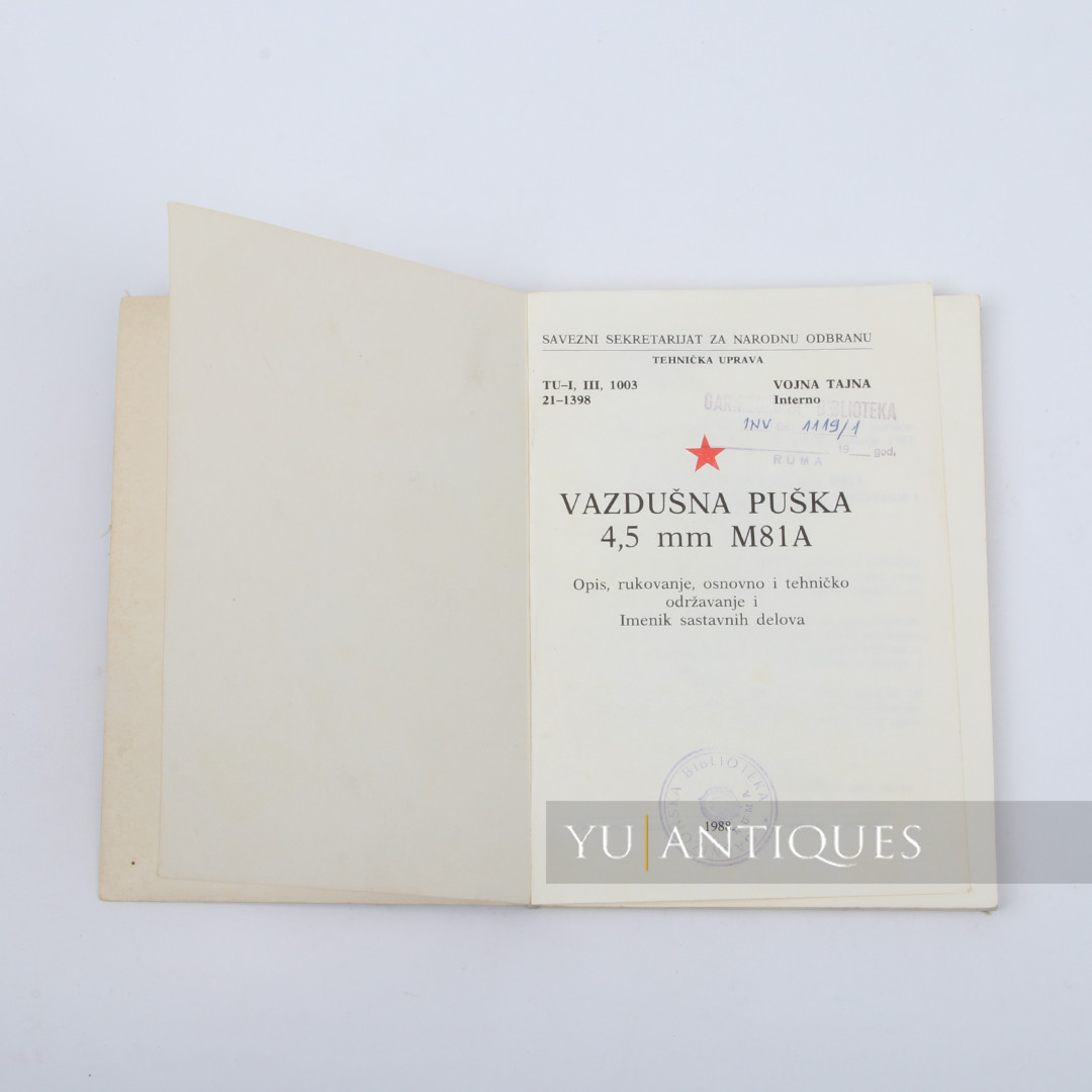 JNA YPA Yugoslav Peoples Army Manual Book For Air Rifle 4,5mm M81A Handling Etc