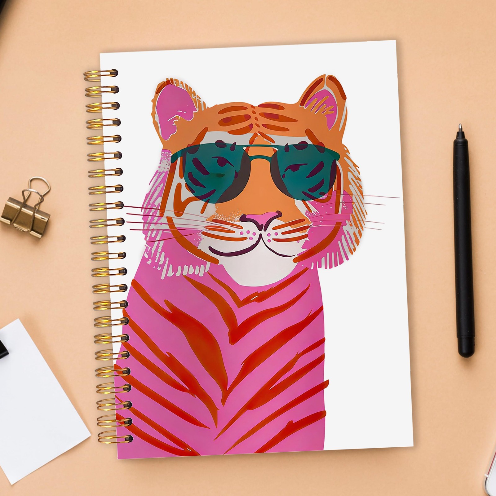 Preppy Hot Pink and Orange Tiger Spiral Notebook 5.5×8.3 in, Pink Maximalist …