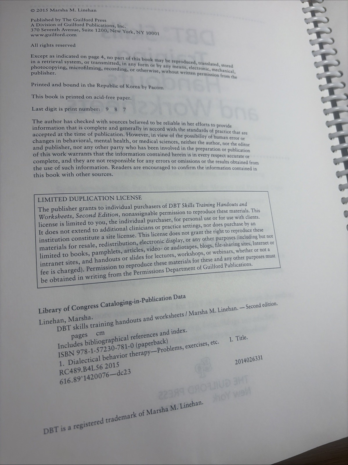 2015 Marsha Linehan DBT Skills Training 2nd Edition Handouts & Worksheets VG+