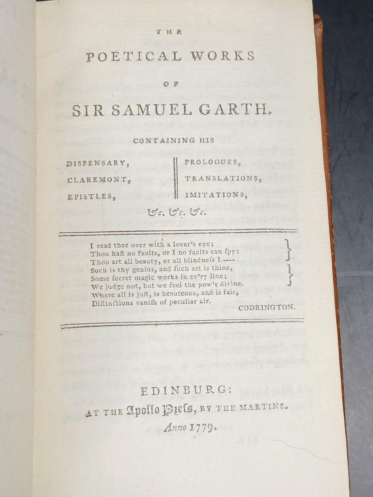 1779 Poetical Works Sir Samuel Garth Antique Leather Edinburgh 18th C English