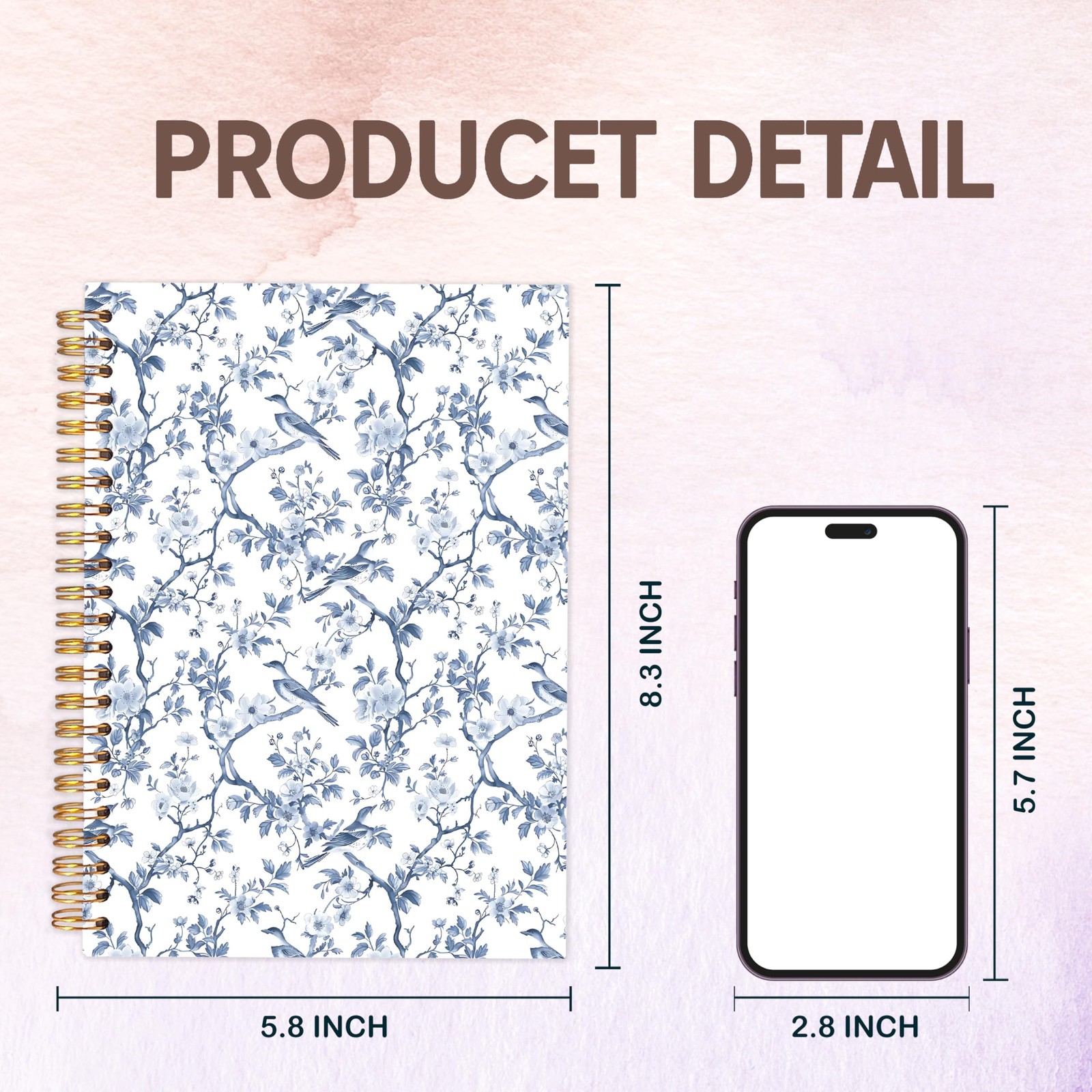 Spiral Notebook Chinoiserie Floral Pattern Hardcover Journal 5.5×8.3in