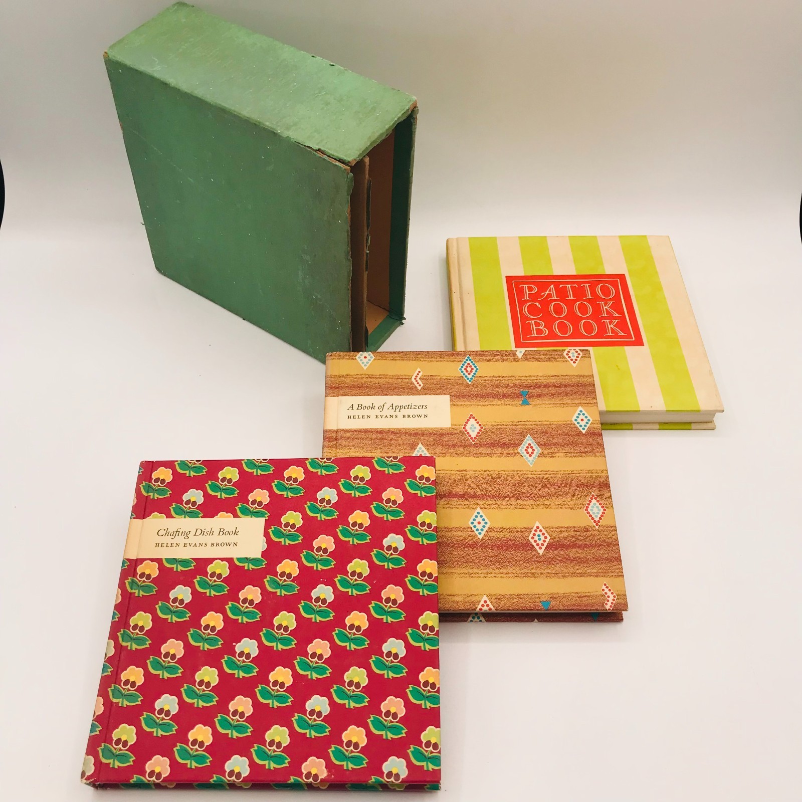 Vtg Helen Evans Brown Cookbook Box Set of 3: Patio, Chafing Dish, & Appetizers