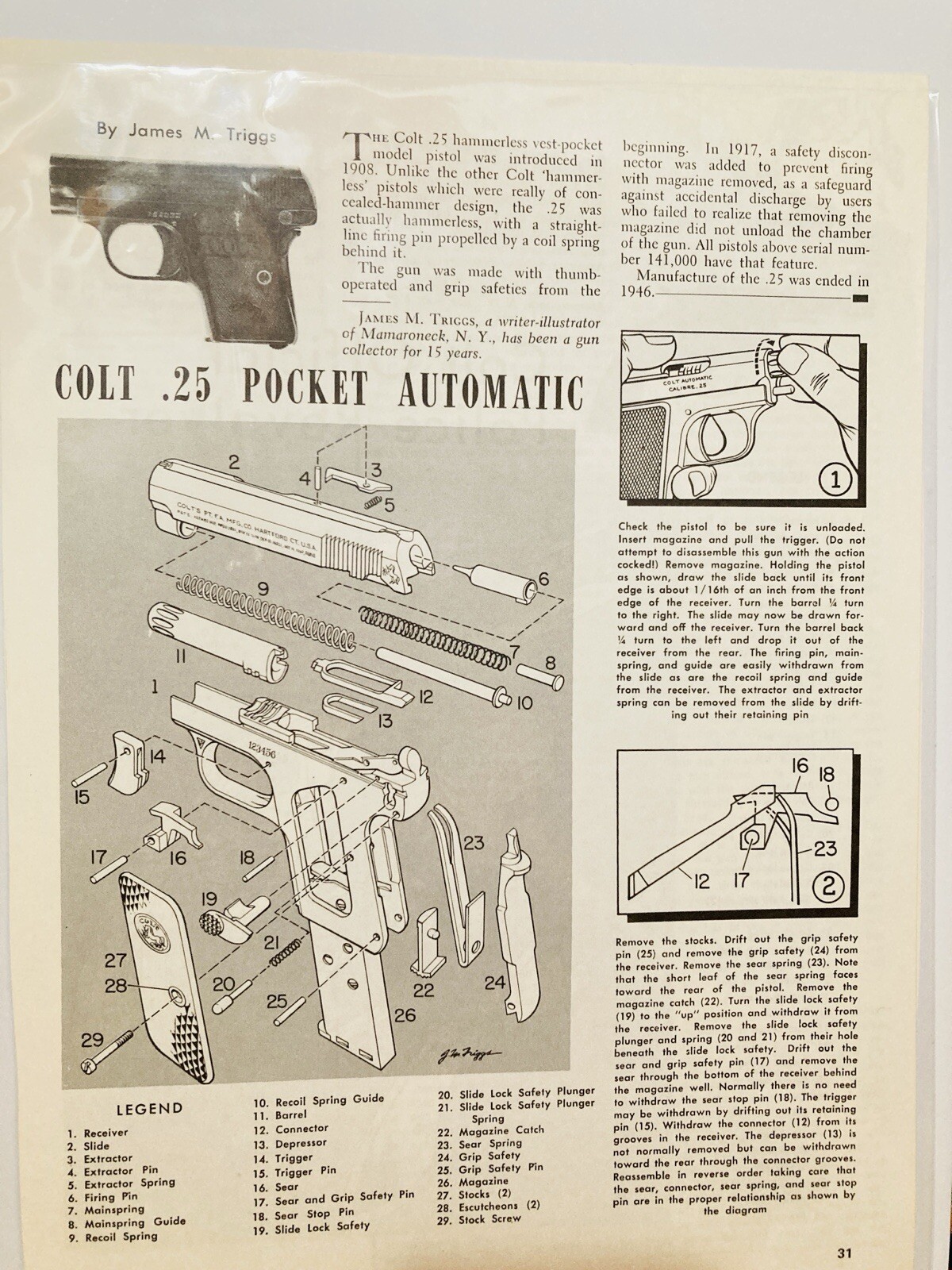 Colt Automatic .25 Pocket Automatic Takedown Exploded View Legend