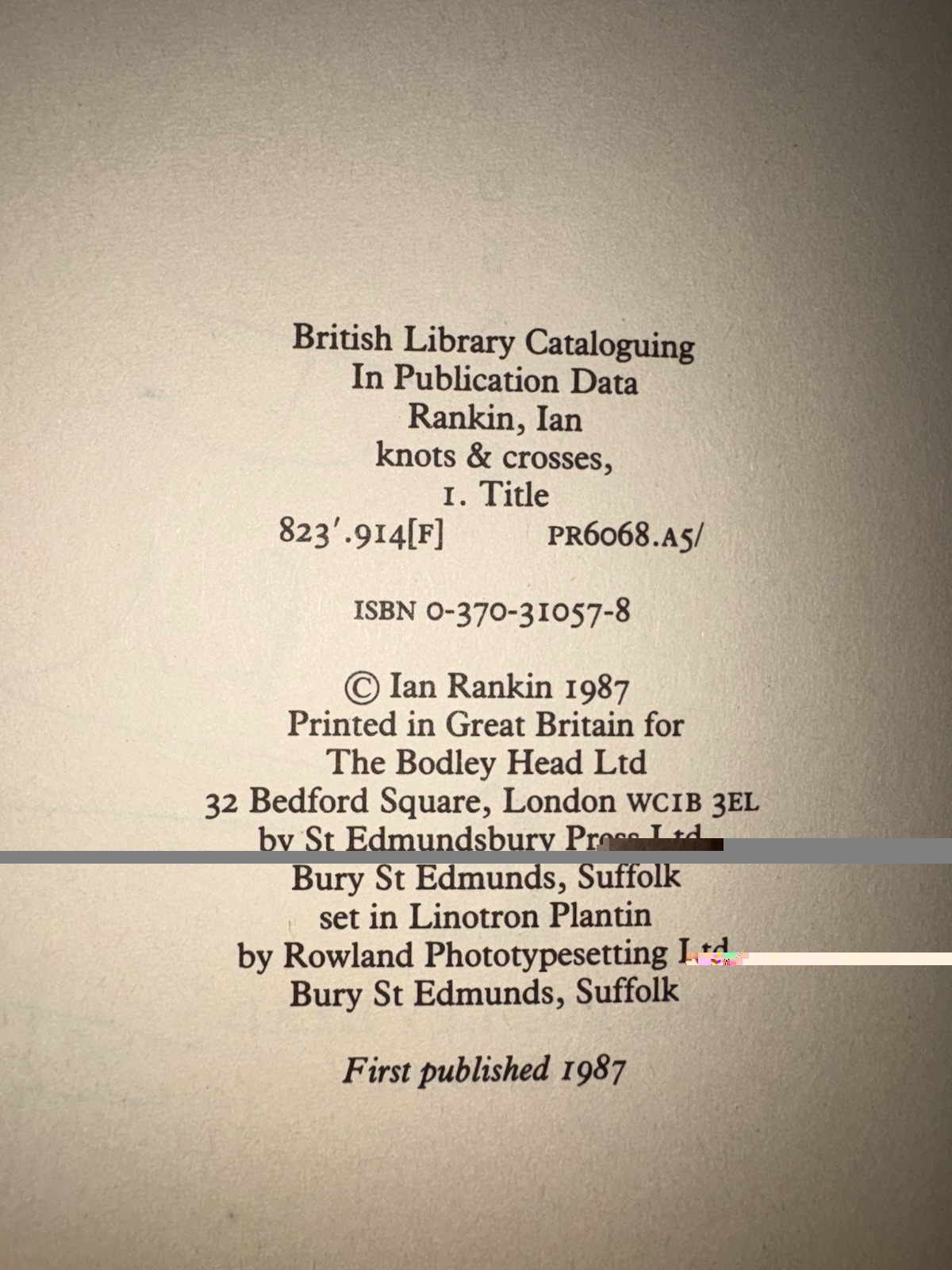 Rankin/Knots and Crosses SIGNED First UK Edition; NF/F; The First Rebus Novel!