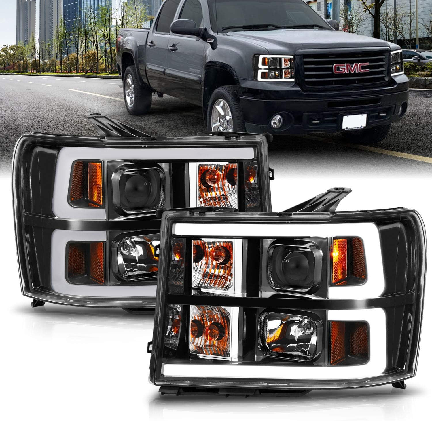 for 2007-2014 GMC Sierra 1500 2500 3500 Dual C-Type LED Tube Square Projector Bl