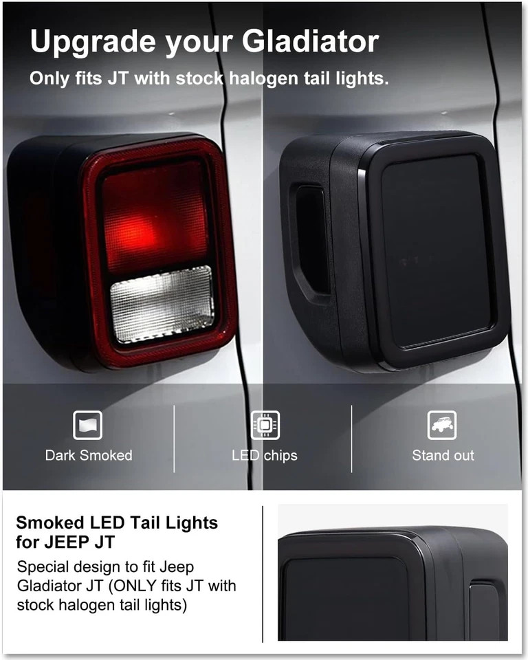 Smoked LED Tail Lights for 2020-2026 Jeep Gladiator JT Accessories, Black Housin