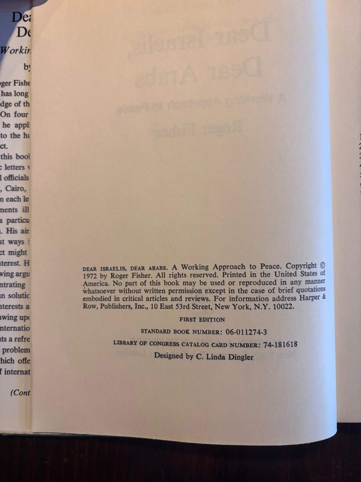 Dear Israelis, Dear Arabs by Roger Fisher, Philip C. Jessup HC First Edition Ve
