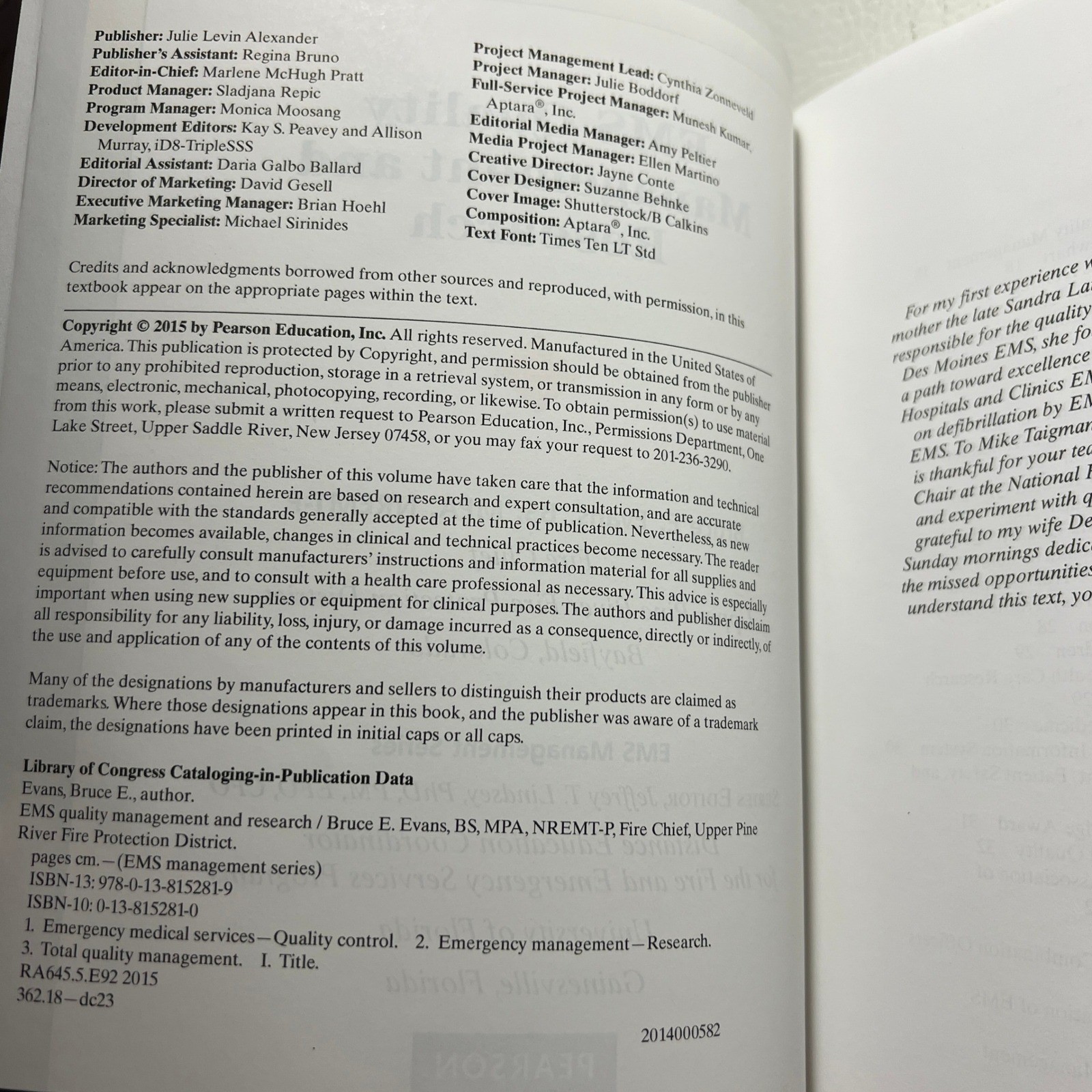 Pearson EMS Quality Management & Research Book Bruce Evans EMS Management Series