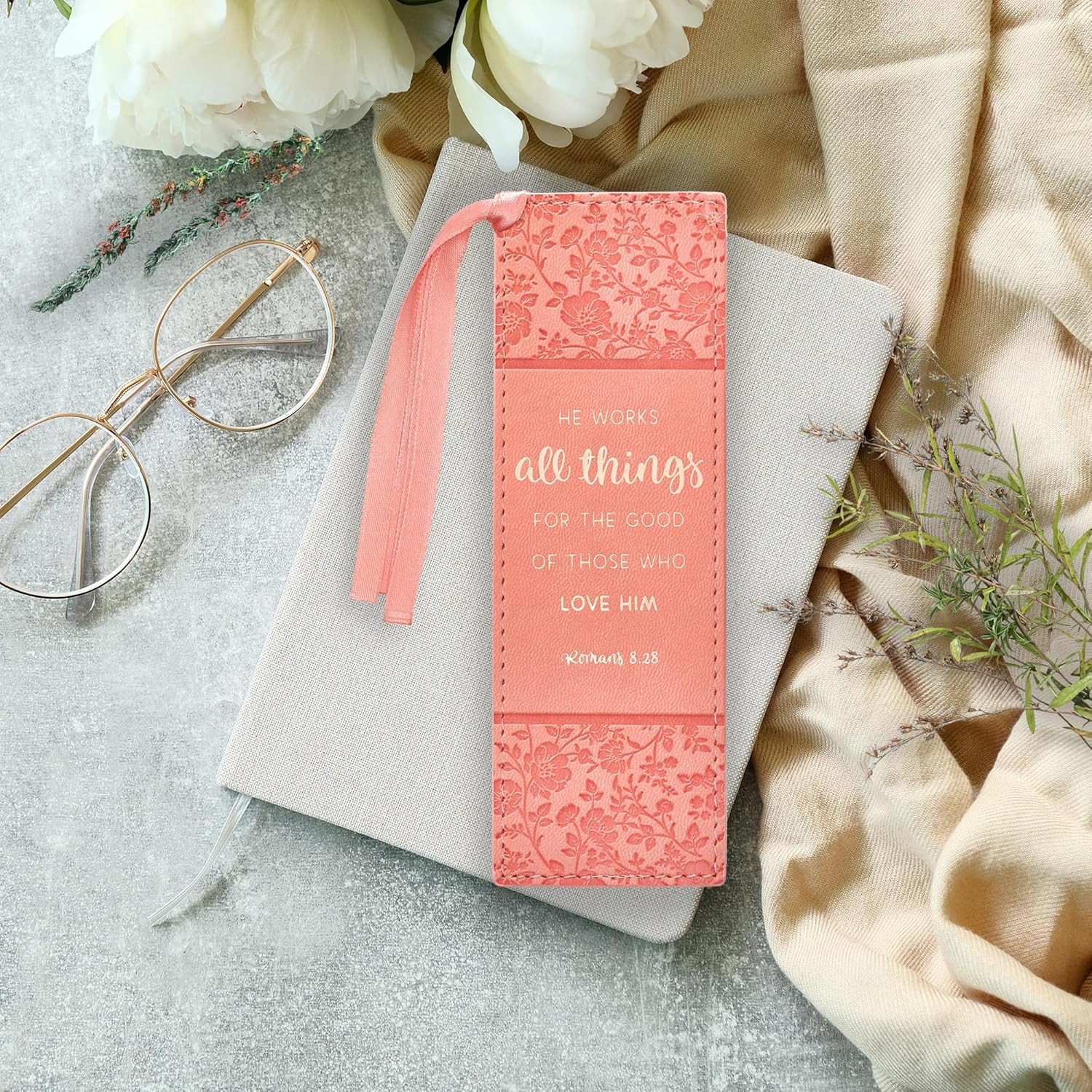 Premium Vegan Leather Scripture Bookmark for Women: He Works All Things – Roman