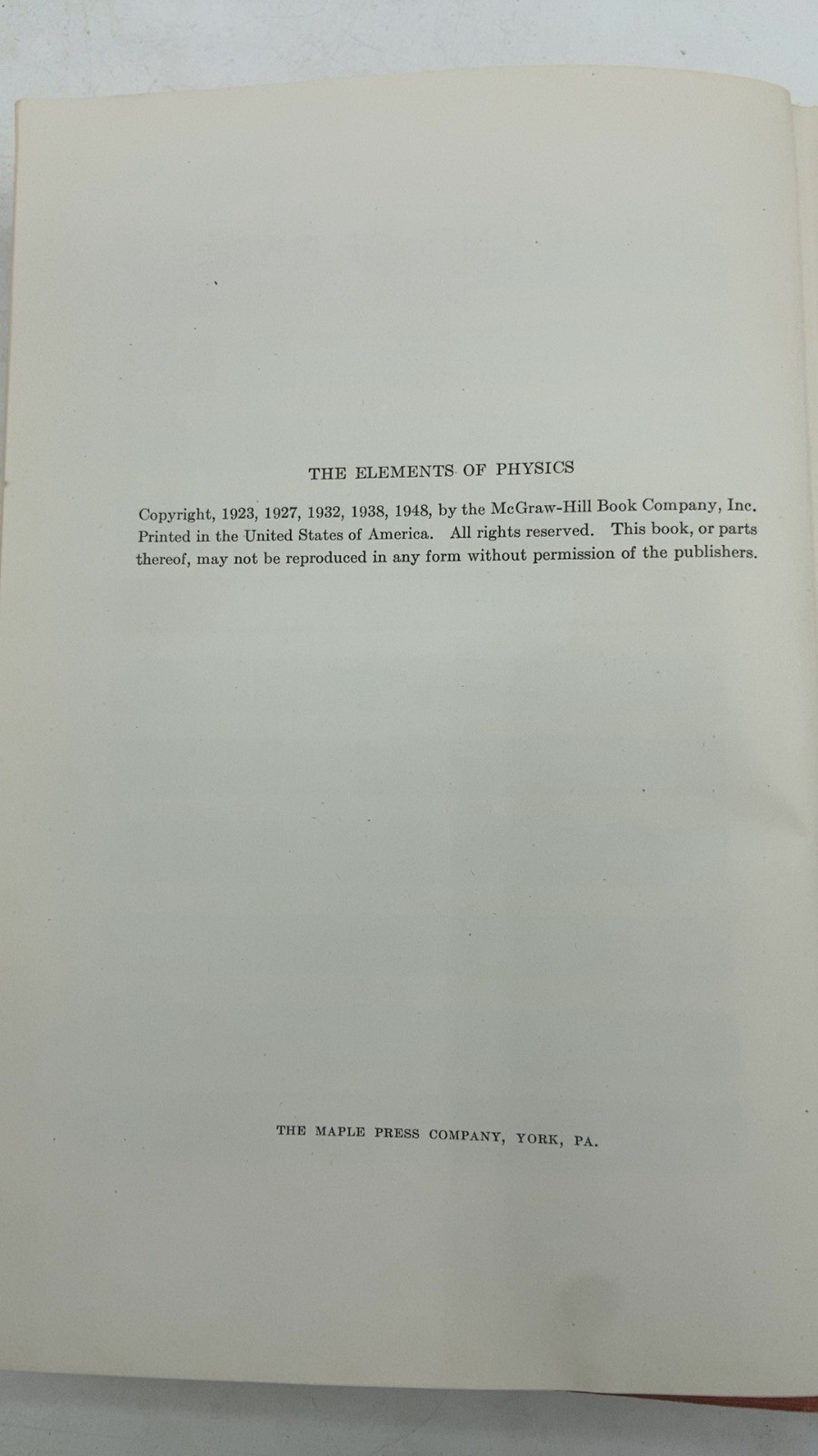 The Elements of Physics Alpheus W. Smith Hardcover Fifth Edition 1948