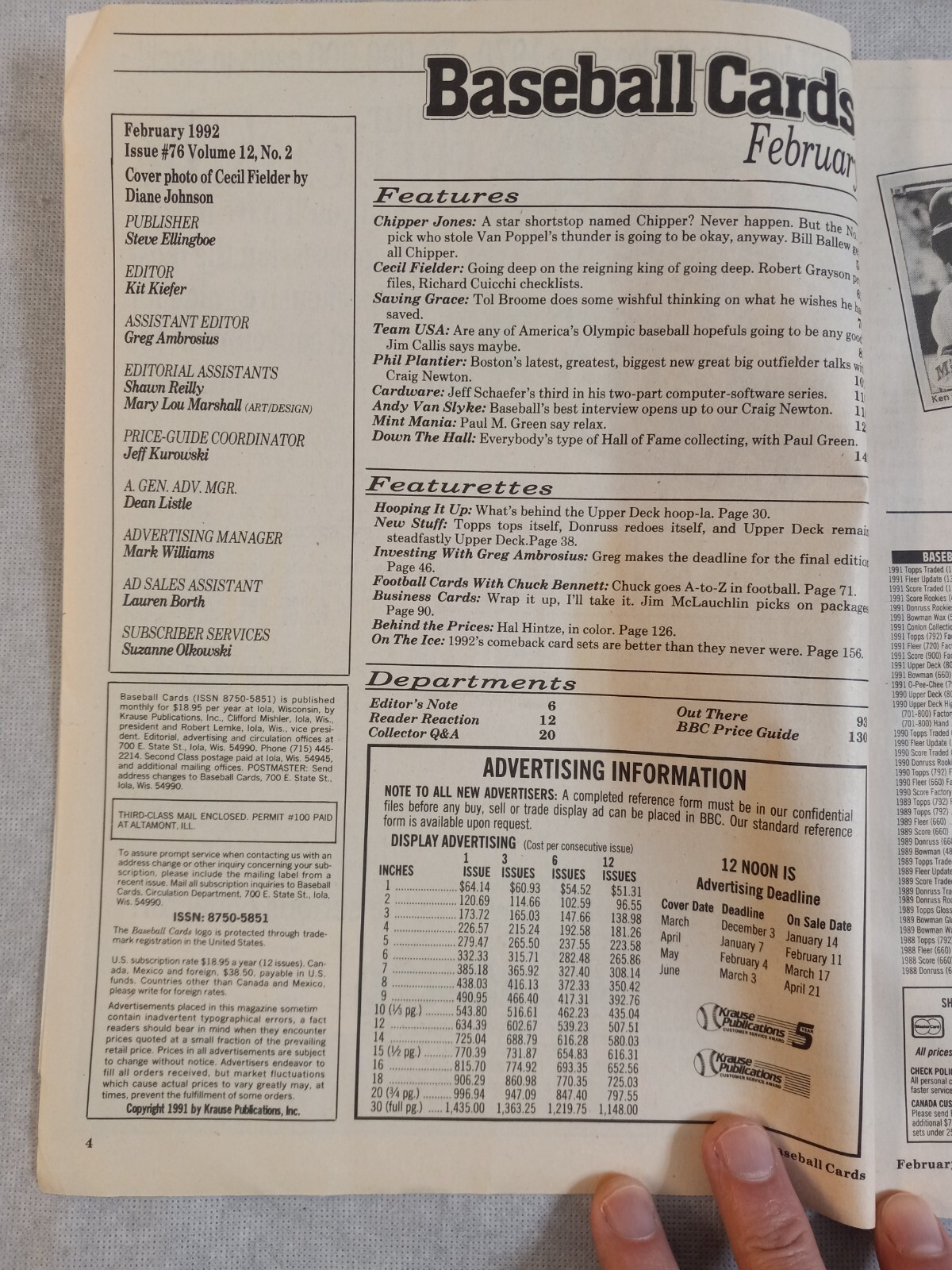 February 1992 BASEBALL CARDS Paperback Magazine by KRAUSE PUBLICATIONS