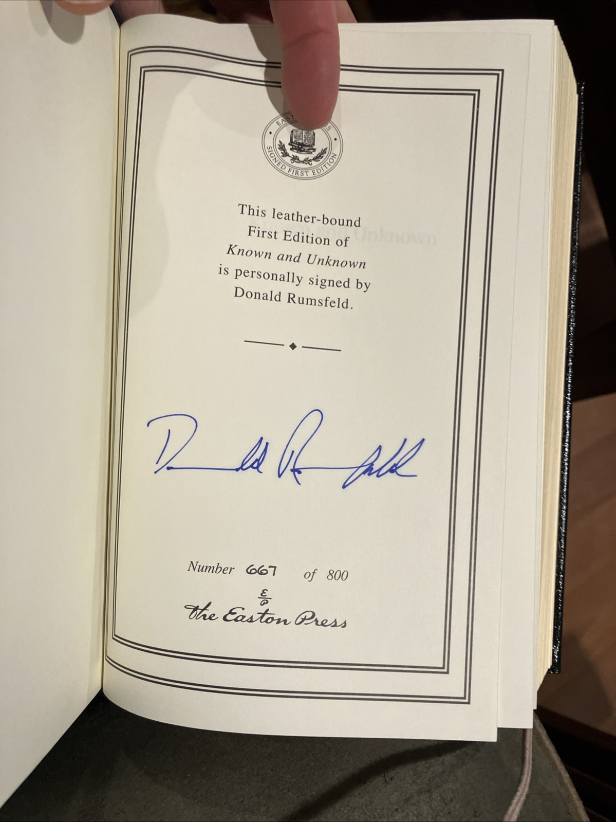 SIGNED Easton Press KNOWN AND UNKNOWN Donald Rumsfeld 1ST 667/800 LEATHER